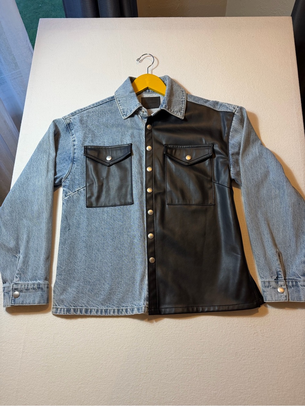 Two-Tone Denim and Faux Leather Button-Up Jacket - Light Blue and Black